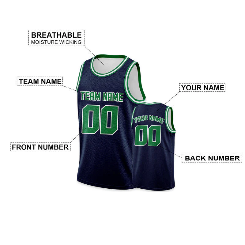 Custom Navy Green Round Neck Rib-Knit Basketball Jersey