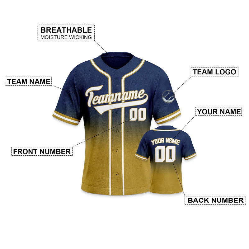 Custom Navy Gold-White Authentic Fade Fashion Baseball Jersey