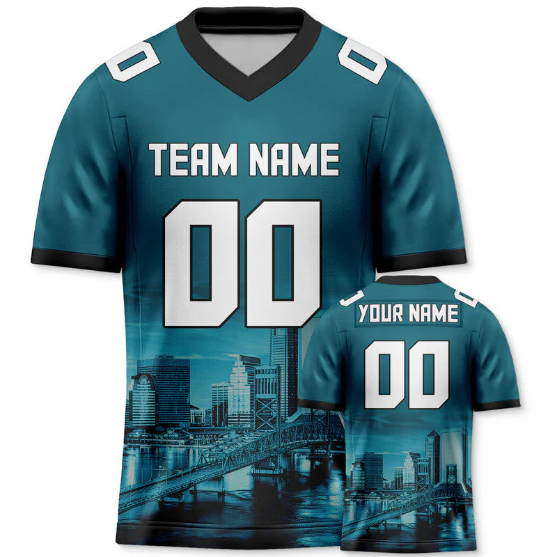 Custom 3D City Night Aqua White-Black Authentic Football Silhouette Jersey