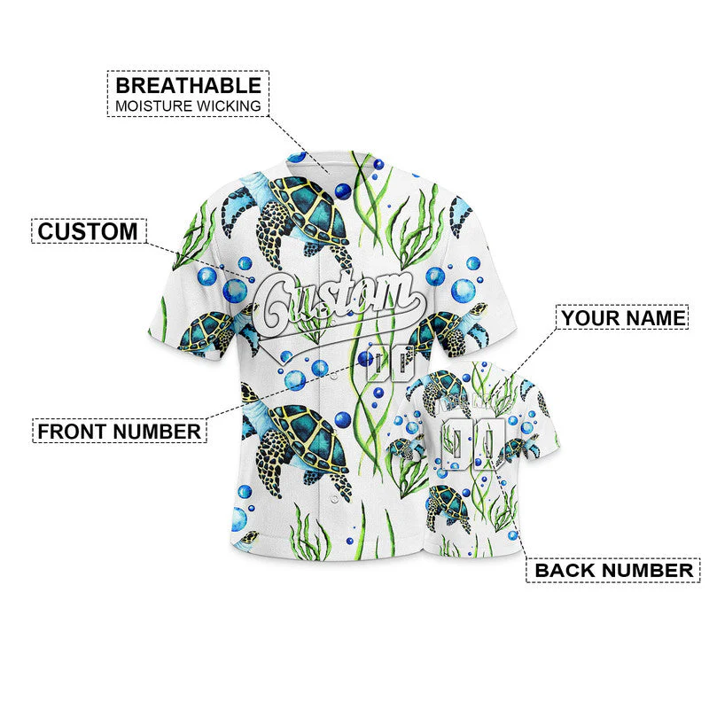Custom White Green 3D Pattern Design Turtle And Peacock Authentic Baseball Jersey
