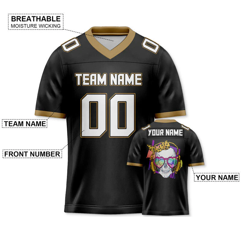 Custom Black Black-Old Gold Authentic Skull Fashion Football Jersey3